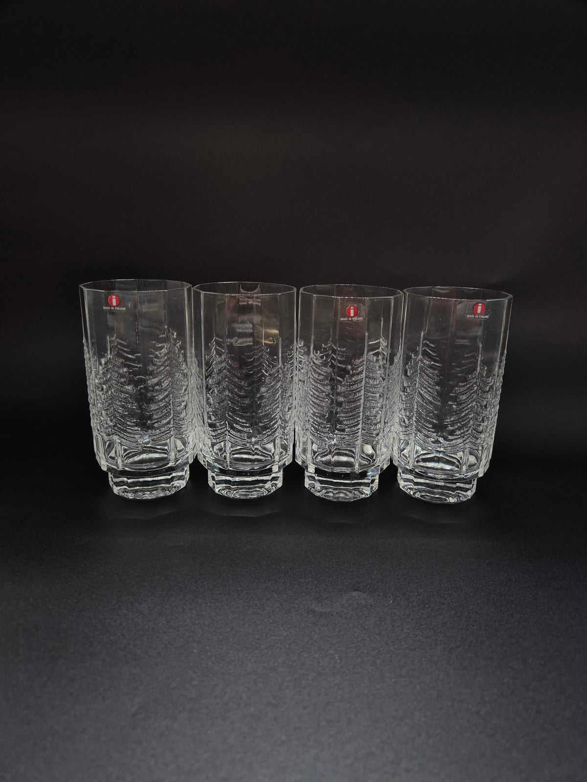 Set of 4 vintage Iittala Kuusi Drinking Glasses, Jorma Vennola Finnish Glassware, Scandinavian Tree Pattern Tumblers