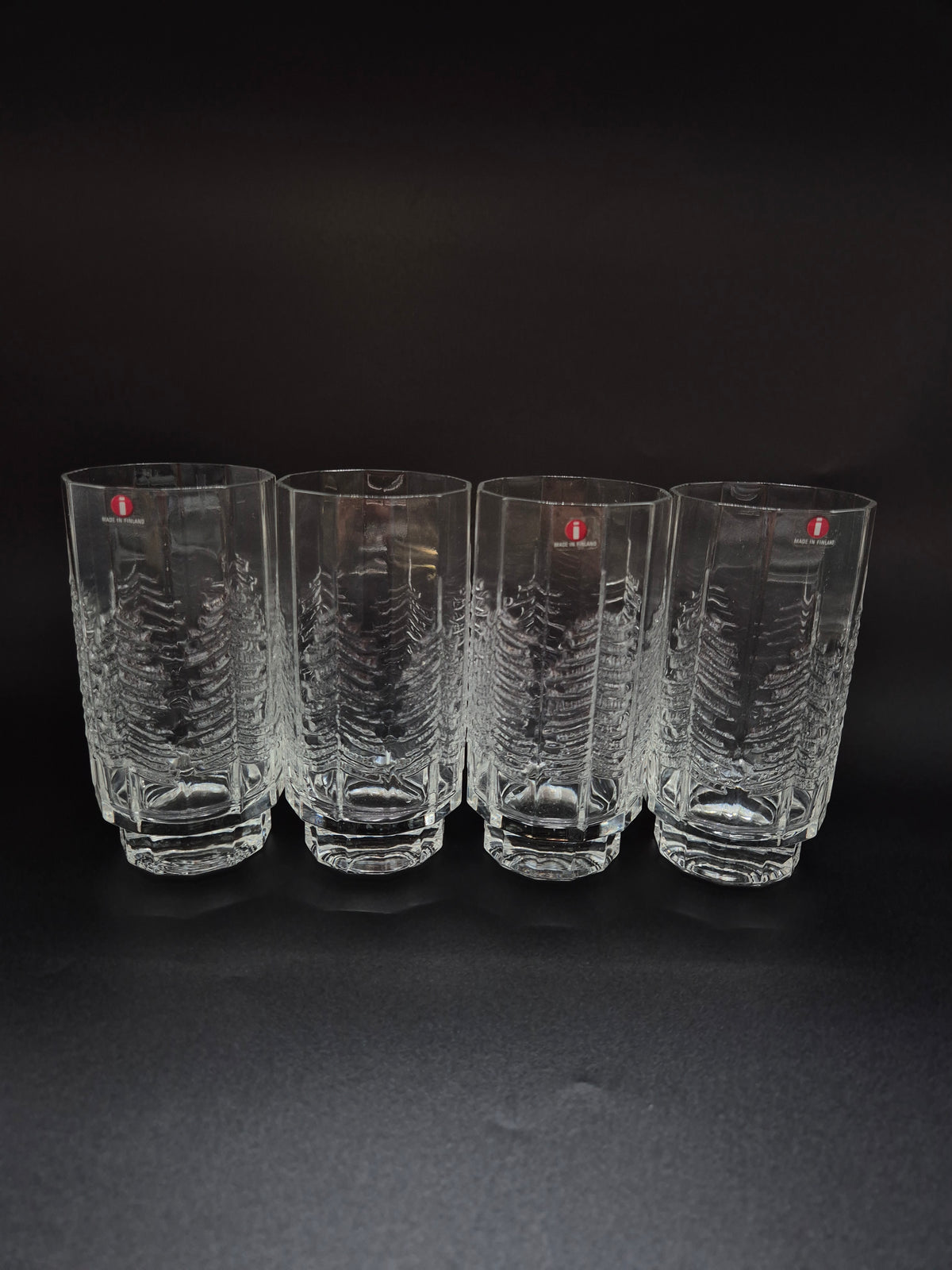 Set of 4 vintage Iittala Kuusi Drinking Glasses, Jorma Vennola Finnish Glassware, Scandinavian Tree Pattern Tumblers