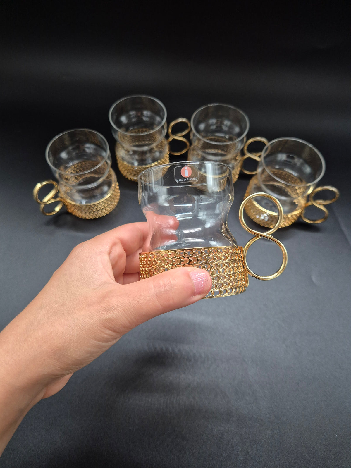 Set of 5 vintage Iittala Tsaikka Gold Tea Glasses, Timo Sarpaneva Finnish Design