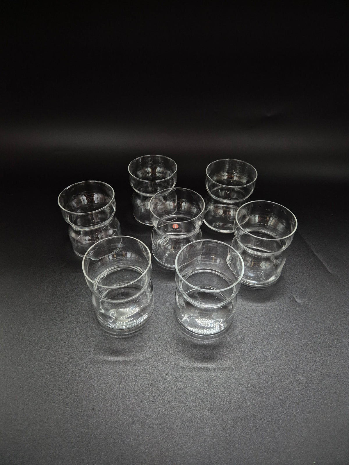 Set of 7 vintage Iittala Tsaikka Glasses, Timo Sarpaneva Finnish Design, Metal Holders