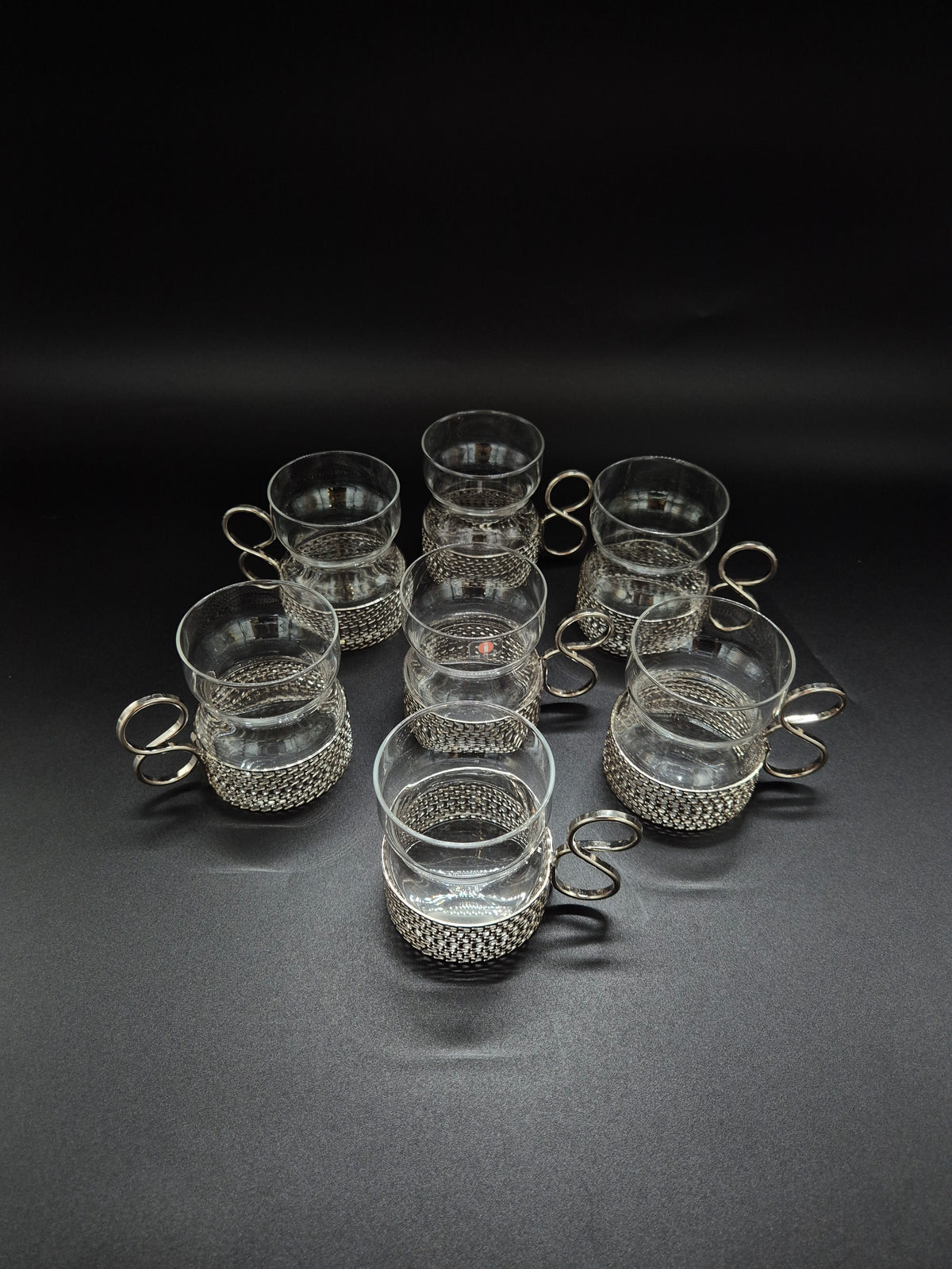 Set of 7 vintage Iittala Tsaikka Glasses, Timo Sarpaneva Finnish Design, Metal Holders