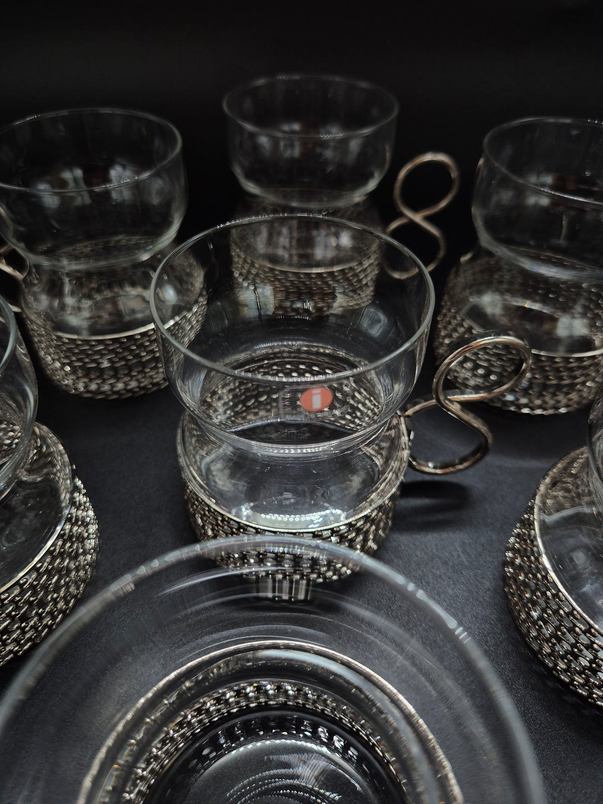 Set of 7 vintage Iittala Tsaikka Glasses, Timo Sarpaneva Finnish Design, Metal Holders