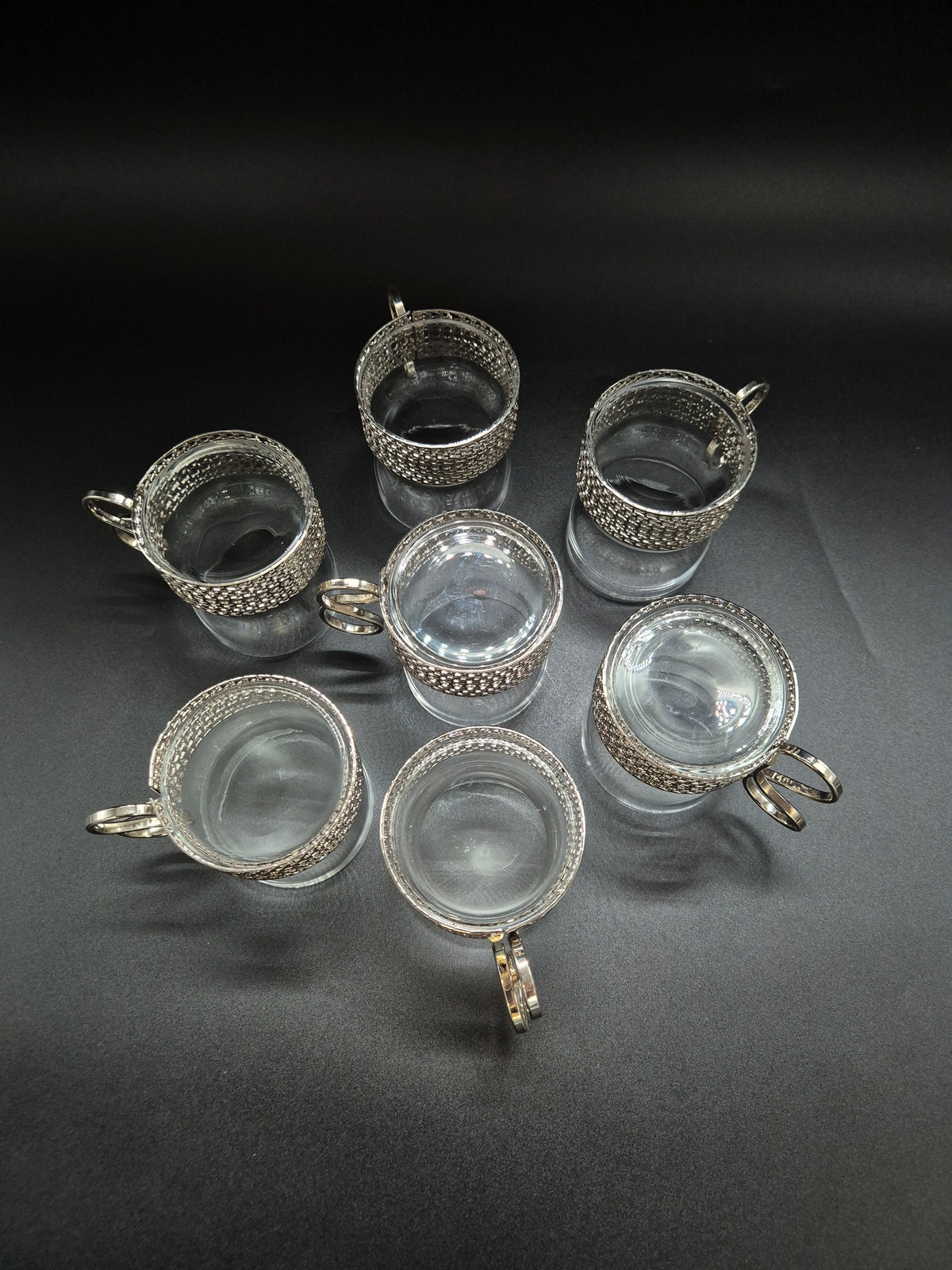 Set of 7 vintage Iittala Tsaikka Glasses, Timo Sarpaneva Finnish Design, Metal Holders