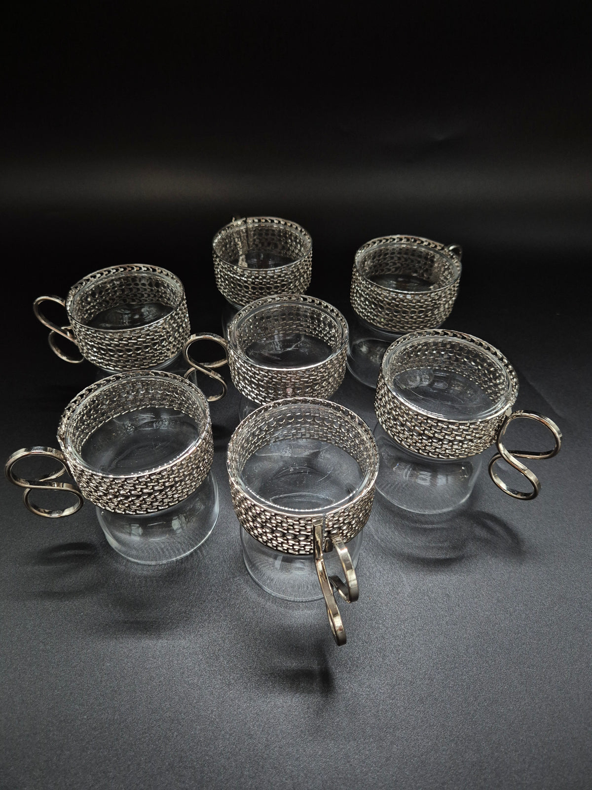 Set of 7 vintage Iittala Tsaikka Glasses, Timo Sarpaneva Finnish Design, Metal Holders