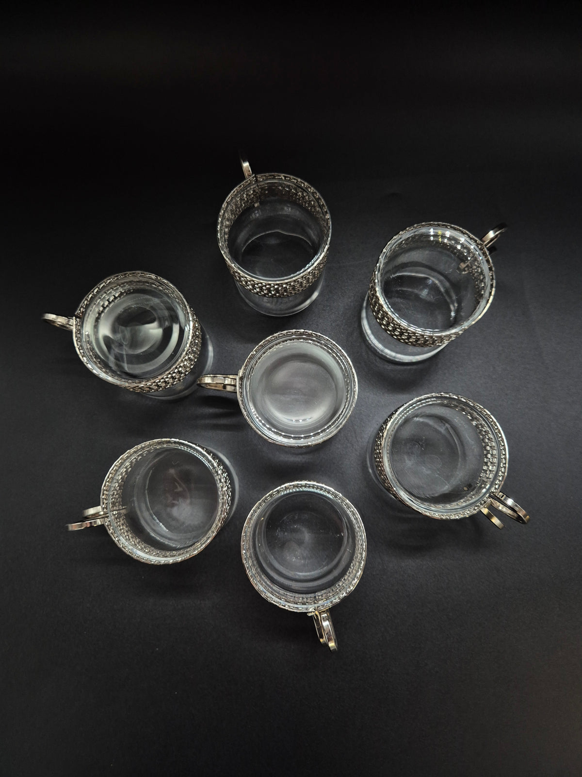 Set of 7 vintage Iittala Tsaikka Glasses, Timo Sarpaneva Finnish Design, Metal Holders