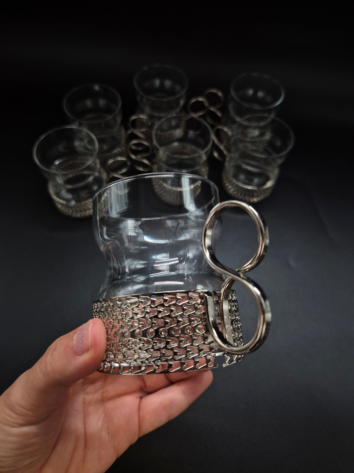 Set of 7 vintage Iittala Tsaikka Glasses, Timo Sarpaneva Finnish Design, Metal Holders