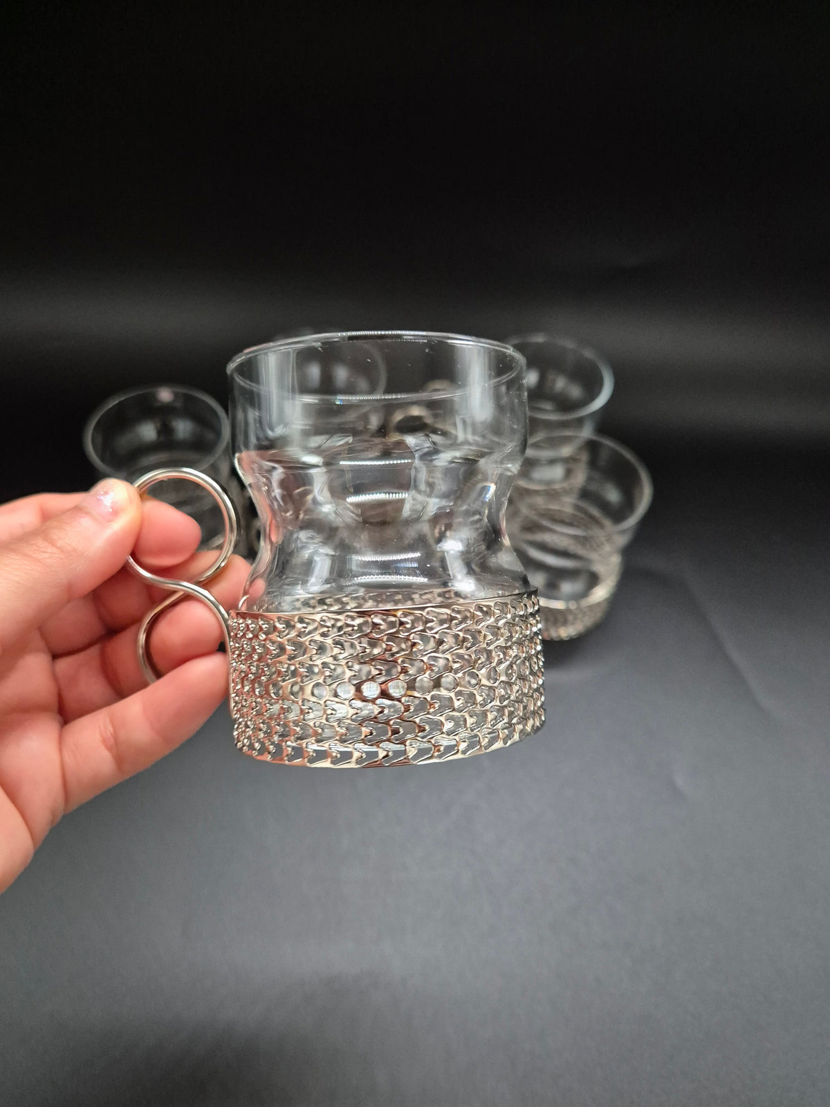 Set of 7 vintage Iittala Tsaikka Glasses, Timo Sarpaneva Finnish Design, Metal Holders