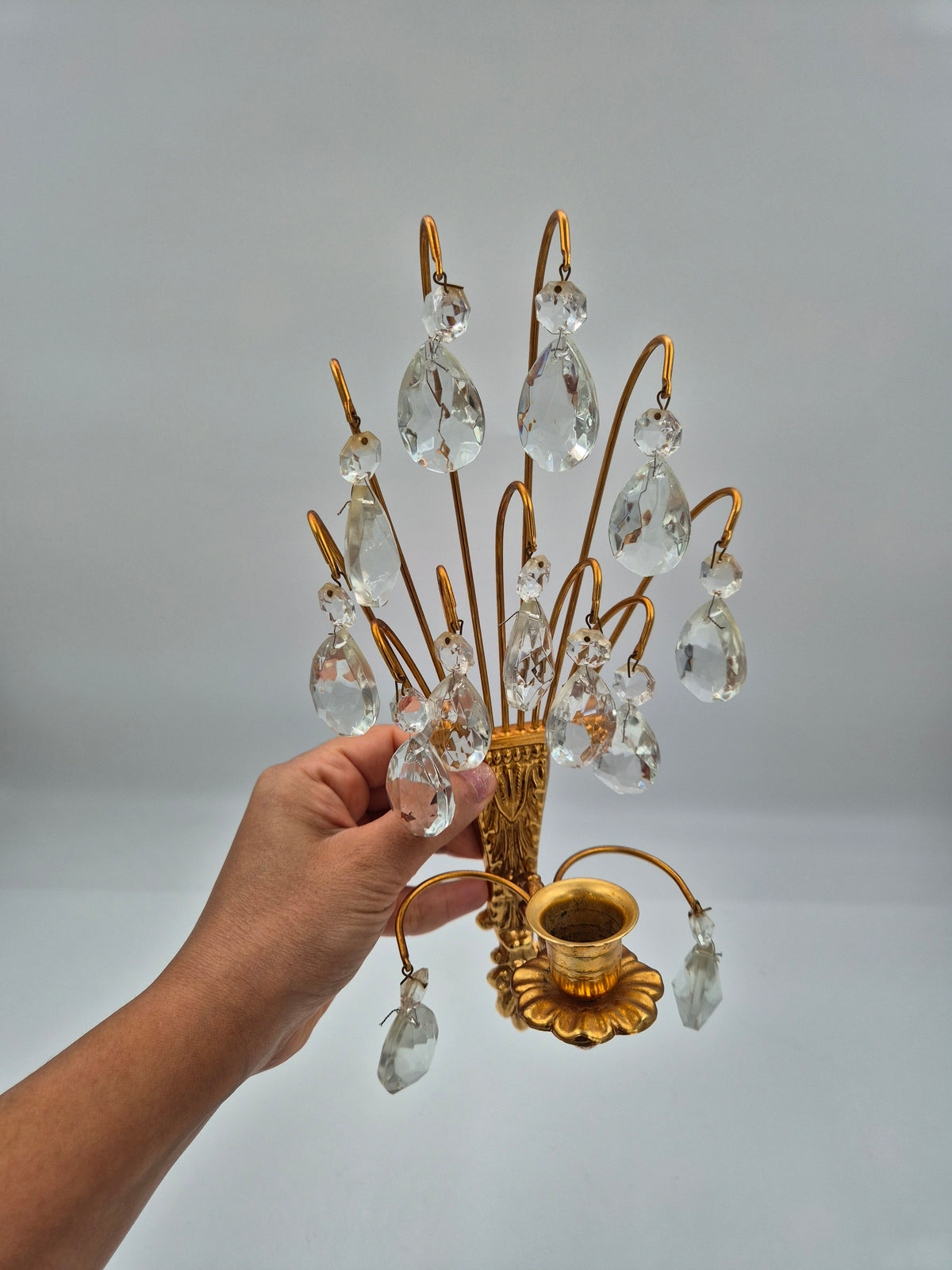 Vintage Turun Kristalli Wall Sconce with Crystal Prisms, Gilt Brass Candle Holder