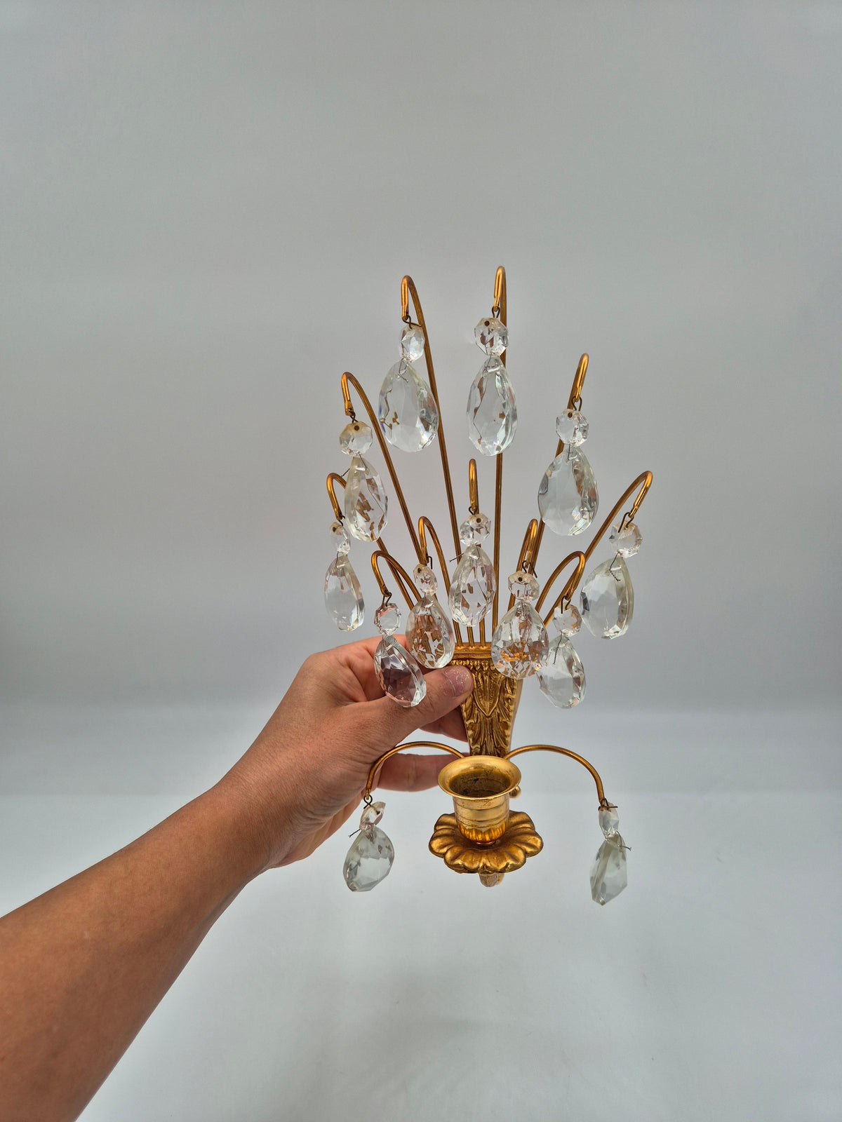 Vintage Turun Kristalli Wall Sconce with Crystal Prisms, Gilt Brass Candle Holder