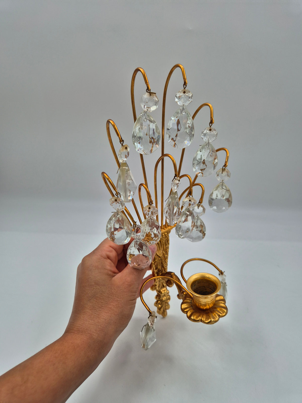 Vintage Turun Kristalli Wall Sconce with Crystal Prisms, Gilt Brass Candle Holder