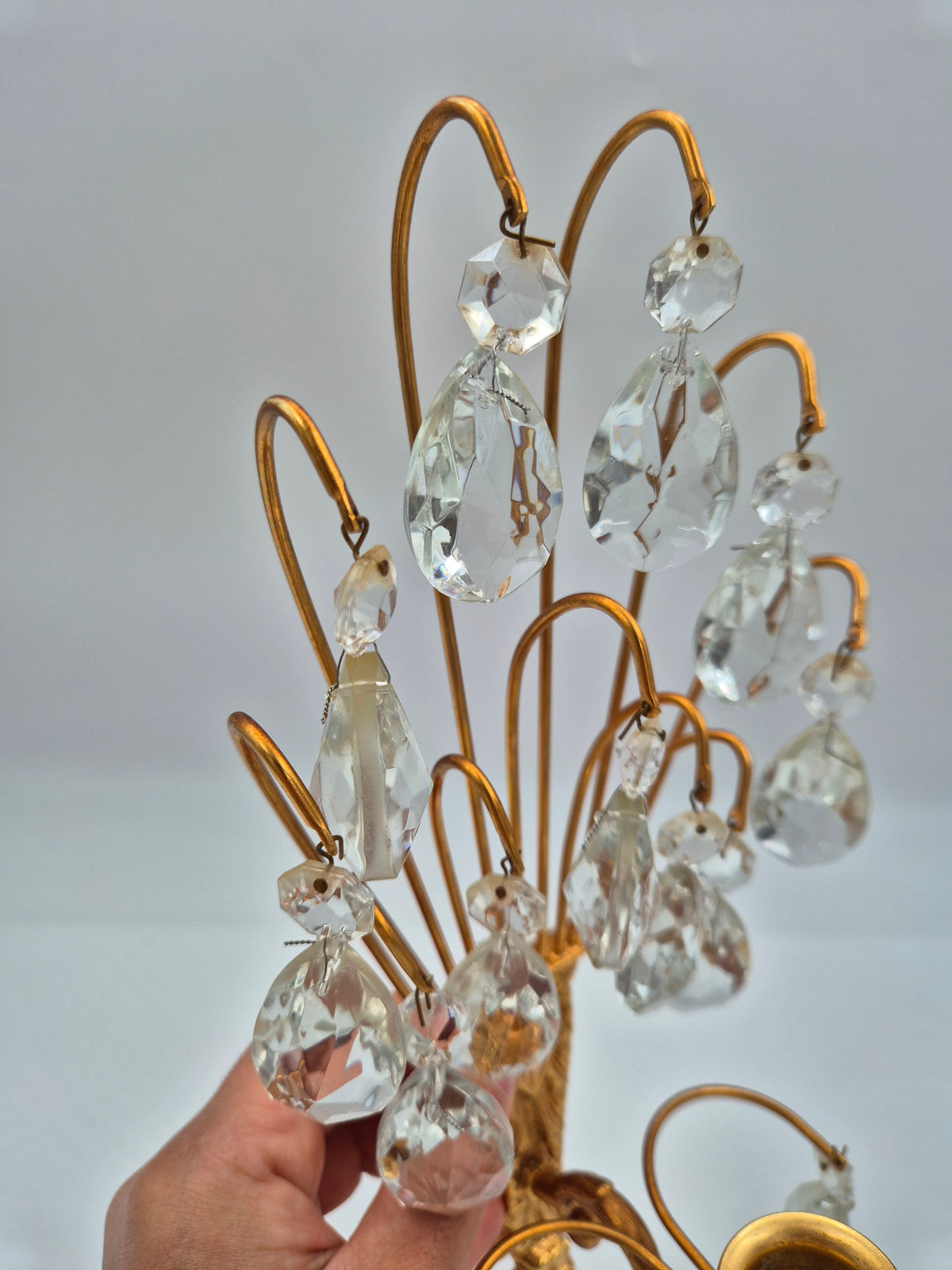Vintage Turun Kristalli Wall Sconce with Crystal Prisms, Gilt Brass Candle Holder