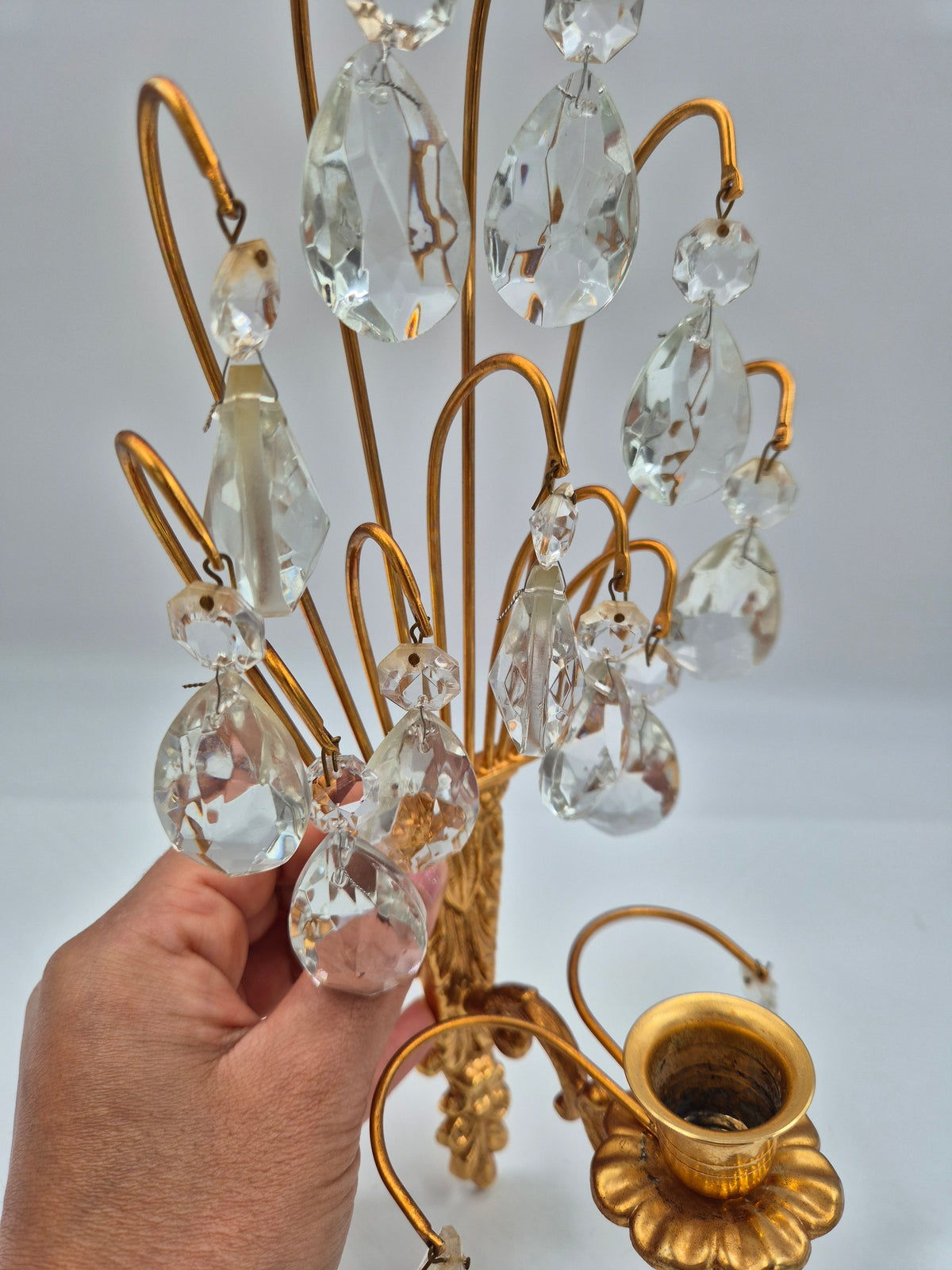Vintage Turun Kristalli Wall Sconce with Crystal Prisms, Gilt Brass Candle Holder