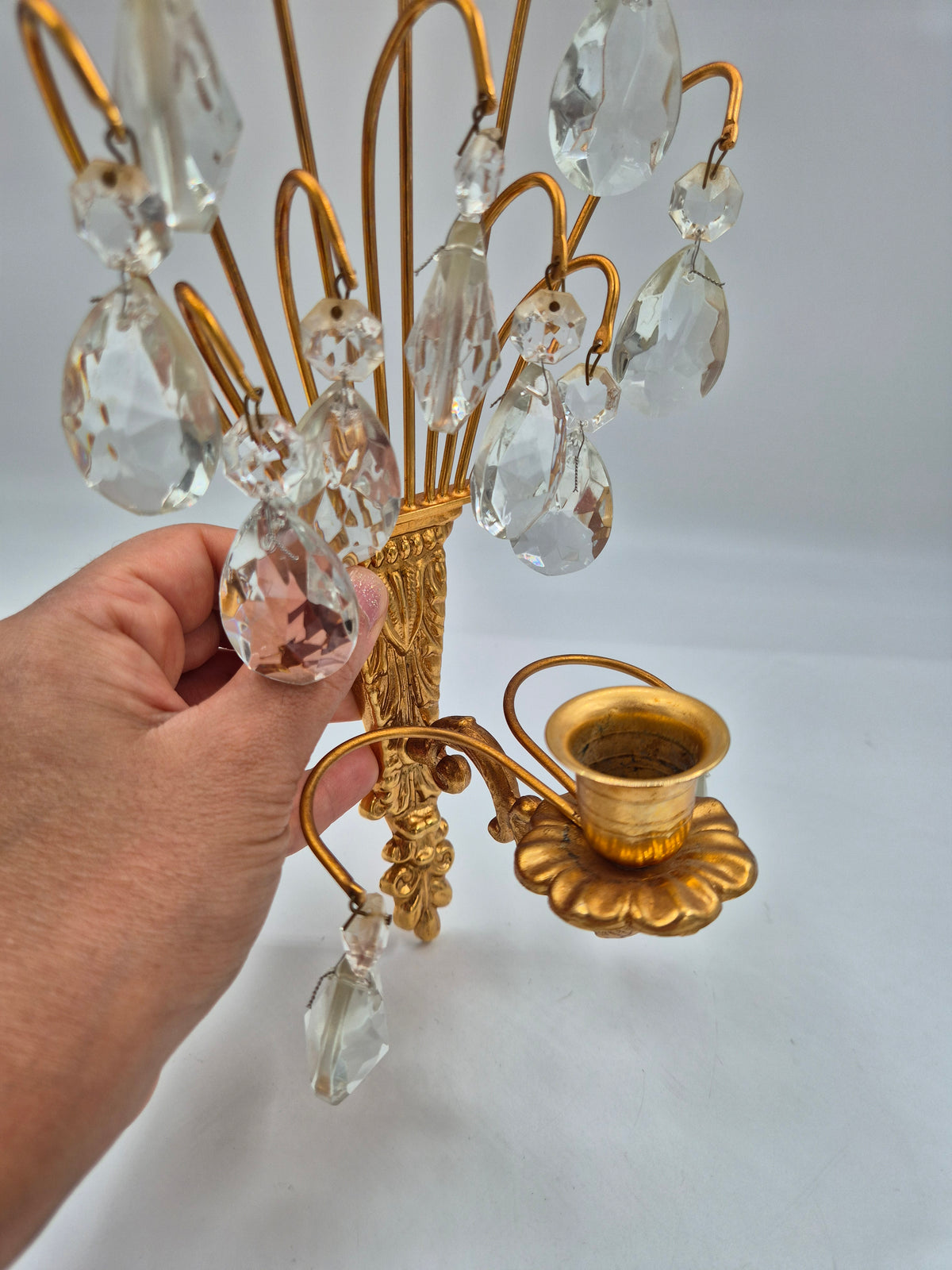 Vintage Turun Kristalli Wall Sconce with Crystal Prisms, Gilt Brass Candle Holder