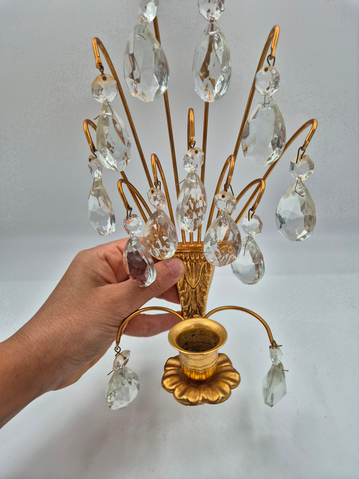 Vintage Turun Kristalli Wall Sconce with Crystal Prisms, Gilt Brass Candle Holder