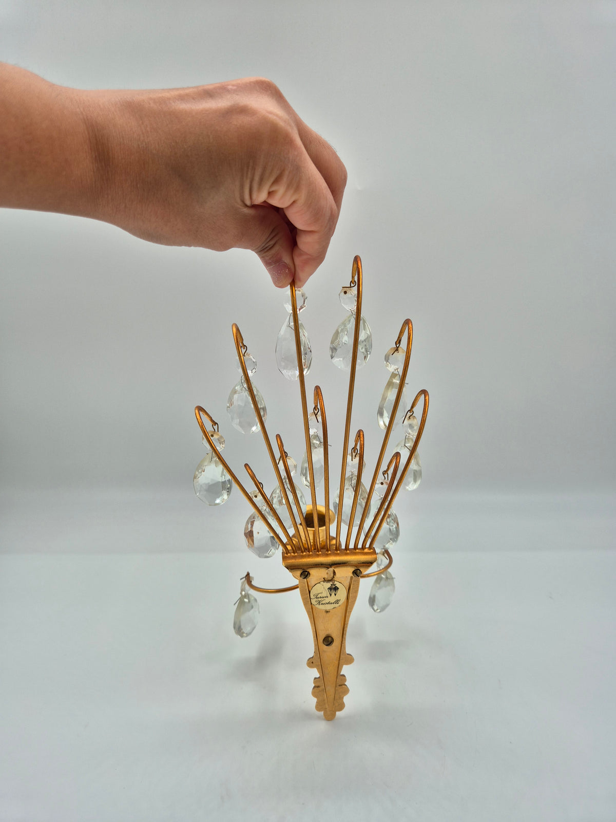Vintage Turun Kristalli Wall Sconce with Crystal Prisms, Gilt Brass Candle Holder