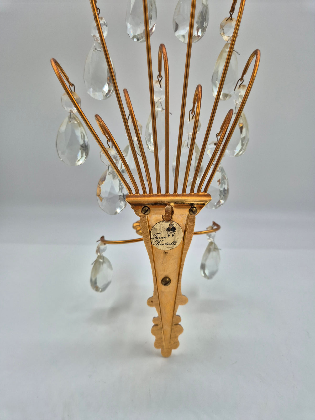 Vintage Turun Kristalli Wall Sconce with Crystal Prisms, Gilt Brass Candle Holder