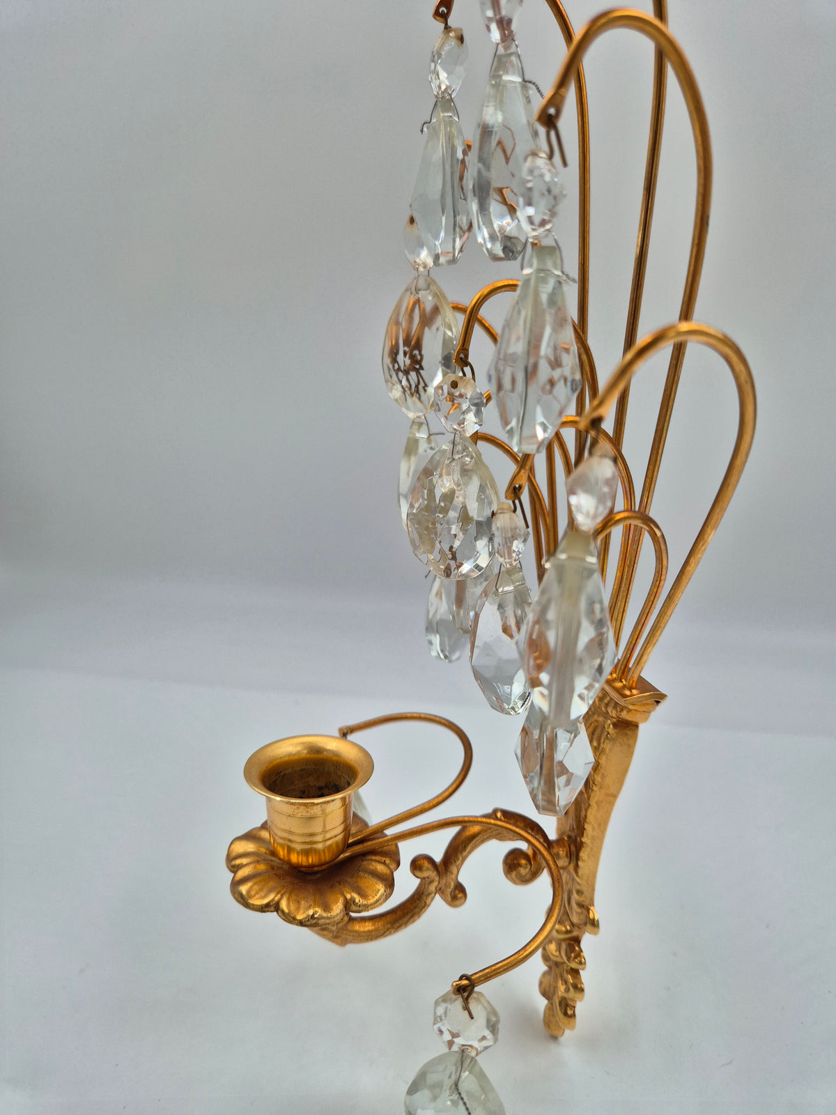 Vintage Turun Kristalli Wall Sconce with Crystal Prisms, Gilt Brass Candle Holder