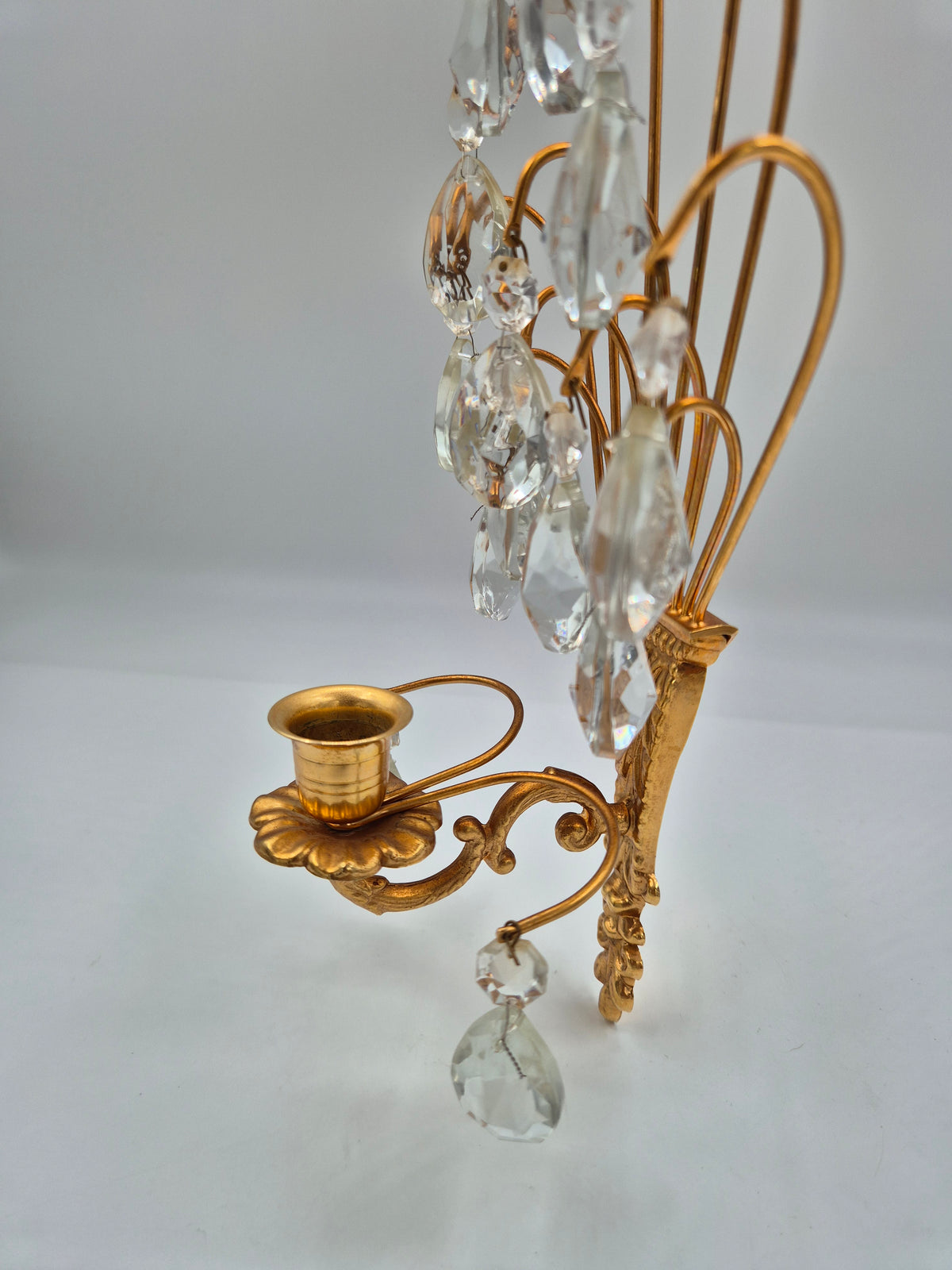 Vintage Turun Kristalli Wall Sconce with Crystal Prisms, Gilt Brass Candle Holder