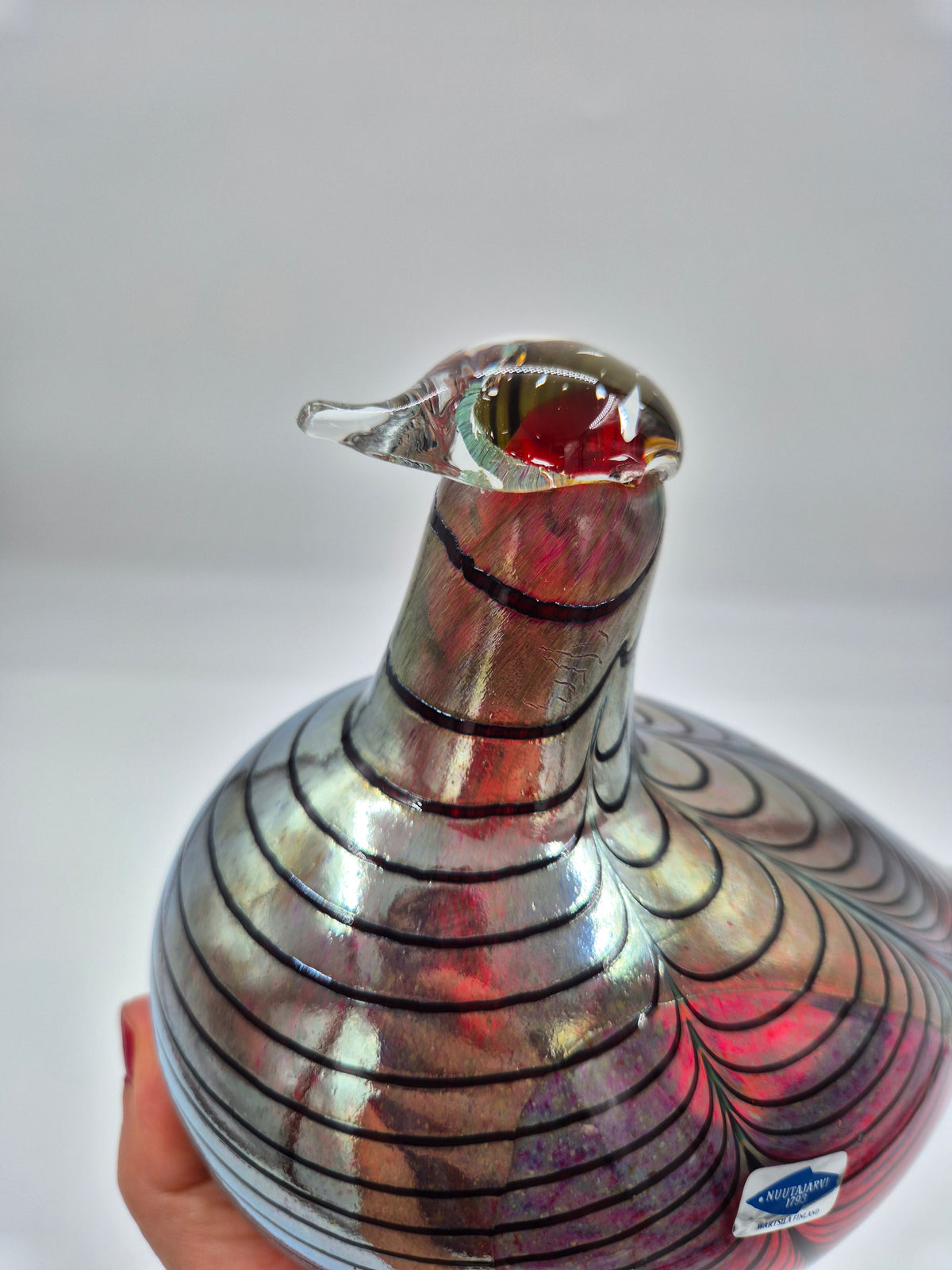Vintage Oiva Toikka Iittala Glass Bird, Wine Red Iridescent Finnish Art Glass Sculpture, Nuutajärvi Scandinavian Design