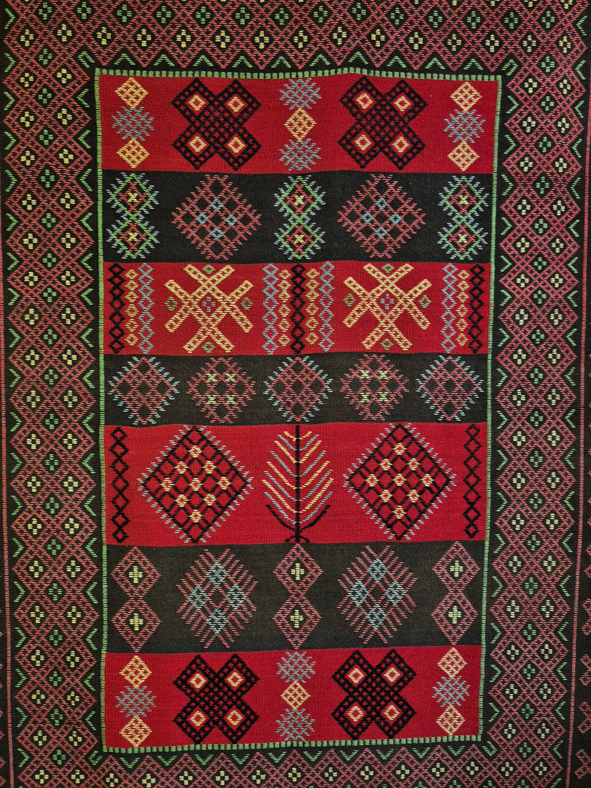 Karjalainen Finnish Ryijy Wall Rug 118 x 168 cm, Red and Black Geometric Nordic Textile, Traditional Woven Wall Hanging