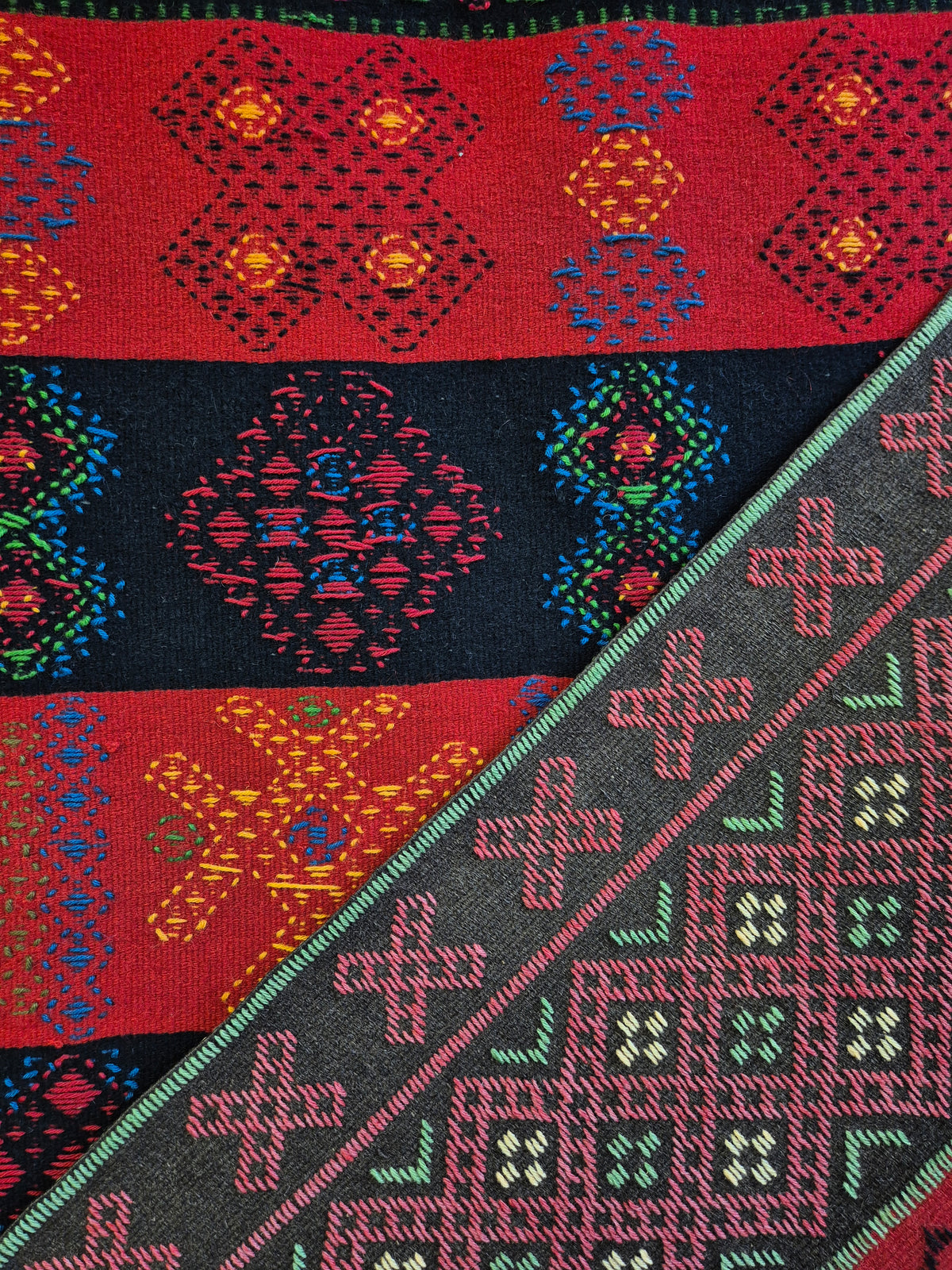 Karjalainen Finnish Ryijy Wall Rug 118 x 168 cm, Red and Black Geometric Nordic Textile, Traditional Woven Wall Hanging