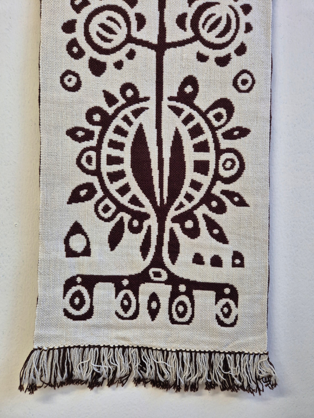 Finnish Täkänä Wall Hanging, Brown Cream Folk Art Textile, Nordic Botanical Wall Decor, 43 × 132 cm