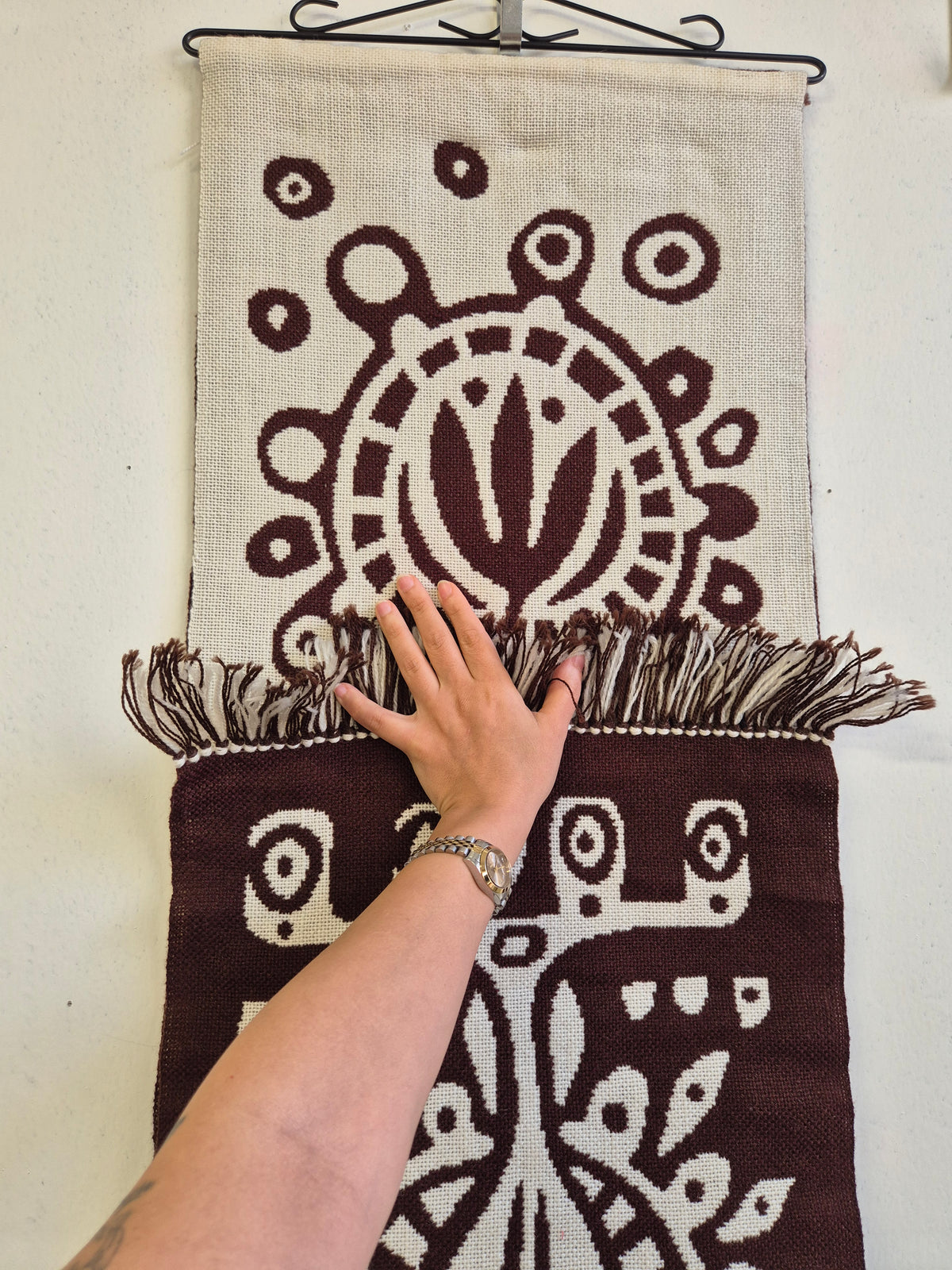 Finnish Täkänä Wall Hanging, Brown Cream Folk Art Textile, Nordic Botanical Wall Decor, 43 × 132 cm