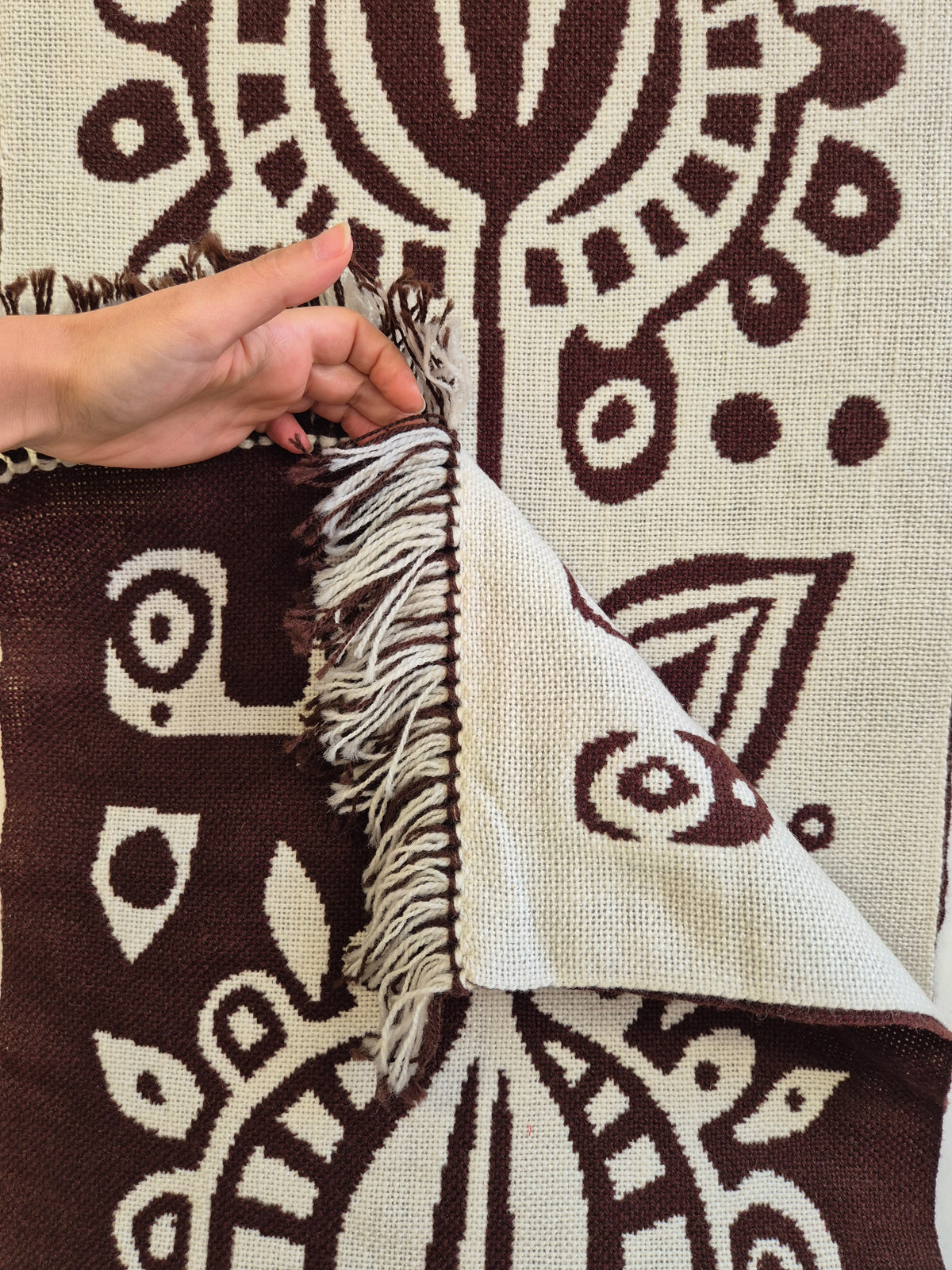 Finnish Täkänä Wall Hanging, Brown Cream Folk Art Textile, Nordic Botanical Wall Decor, 43 × 132 cm