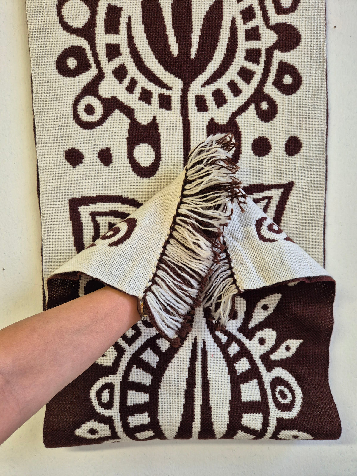 Finnish Täkänä Wall Hanging, Brown Cream Folk Art Textile, Nordic Botanical Wall Decor, 43 × 132 cm