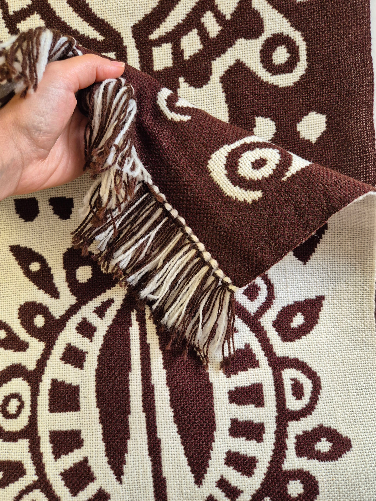 Finnish Täkänä Wall Hanging, Brown Cream Folk Art Textile, Nordic Botanical Wall Decor, 43 × 132 cm