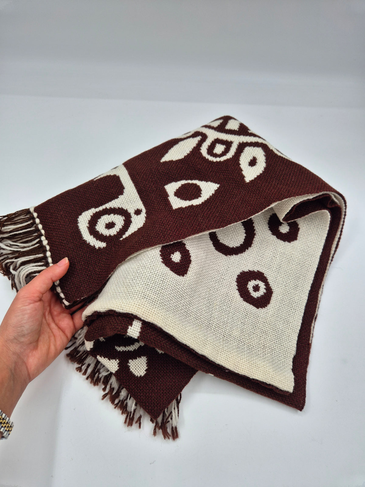 Finnish Täkänä Wall Hanging, Brown Cream Folk Art Textile, Nordic Botanical Wall Decor, 43 × 132 cm