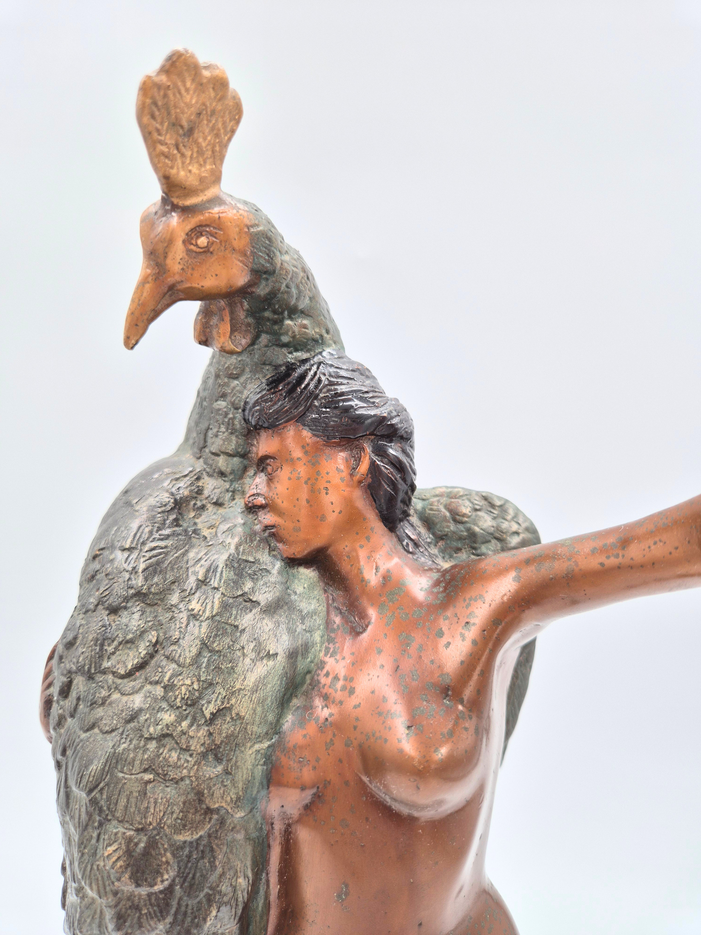Antique Art Nouveau Bronze Sculpture – Woman with Peacock – 44 cm – Patinated