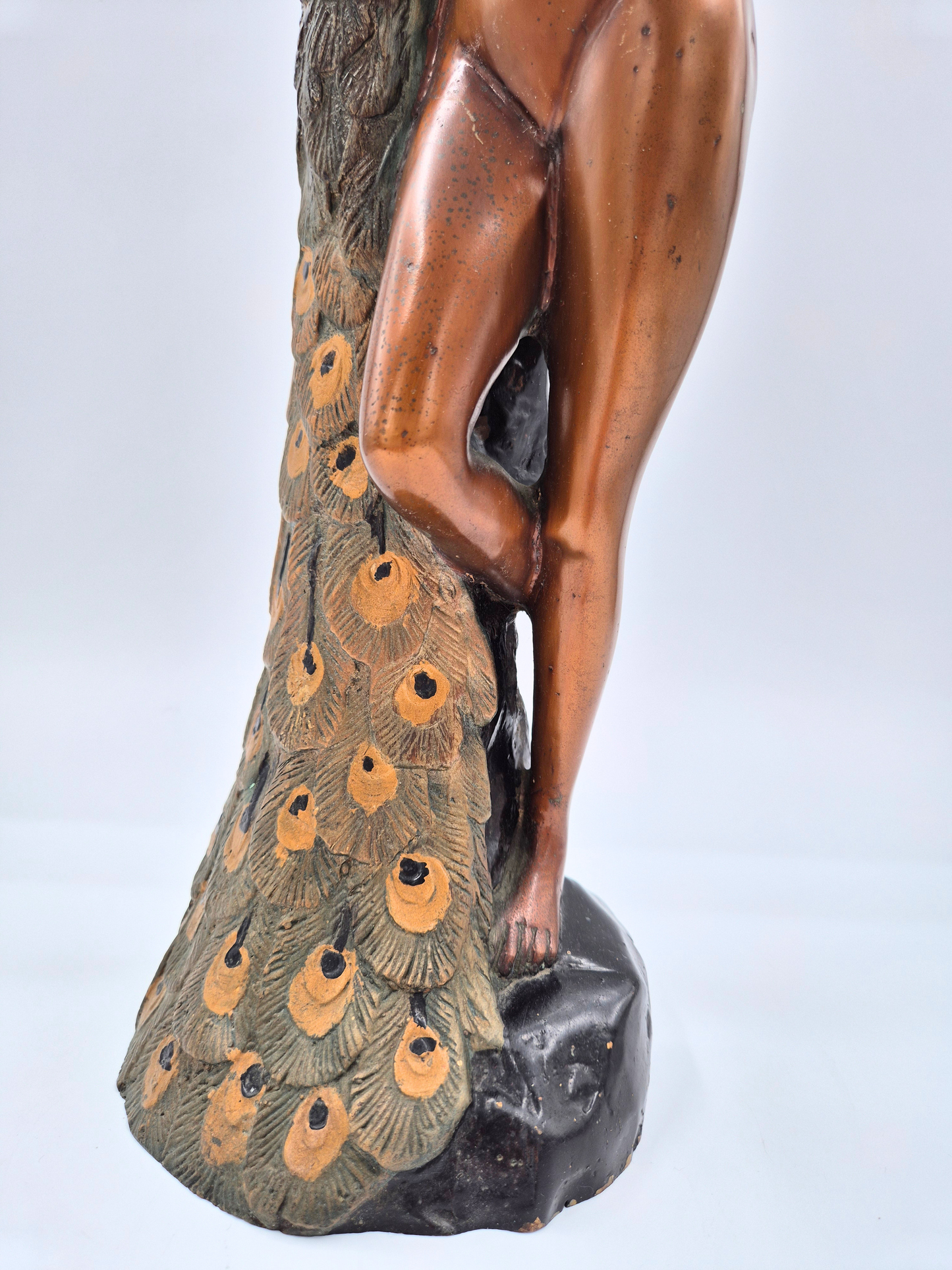 Antique Art Nouveau Bronze Sculpture – Woman with Peacock – 44 cm – Patinated