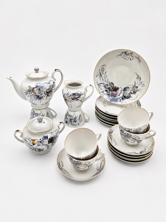 Vintage Lomonosov Style Porcelain Tea Set for 6 – 22 Pieces – Iridescent Floral Decor