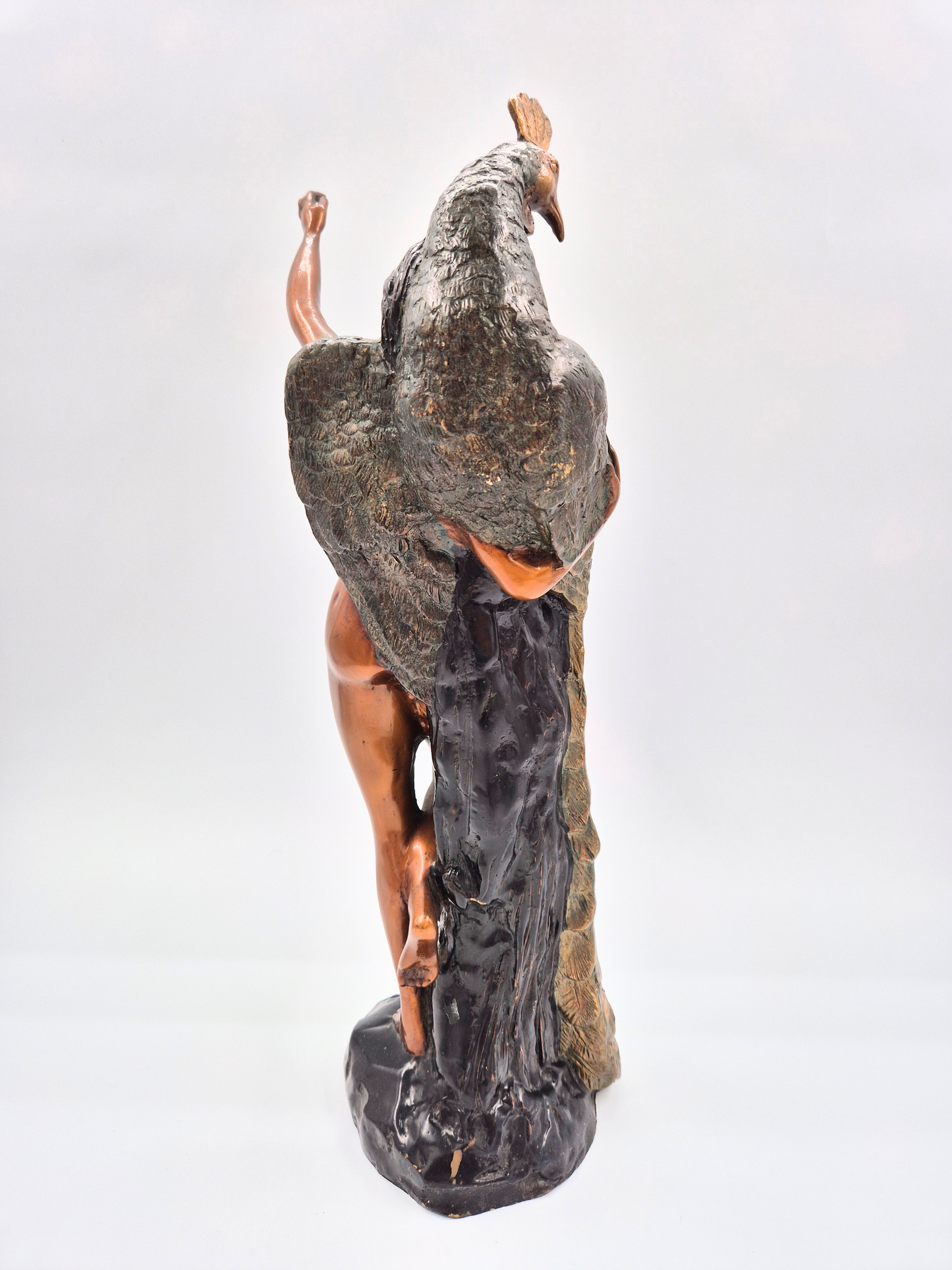 Antique Art Nouveau Bronze Sculpture – Woman with Peacock – 44 cm – Patinated