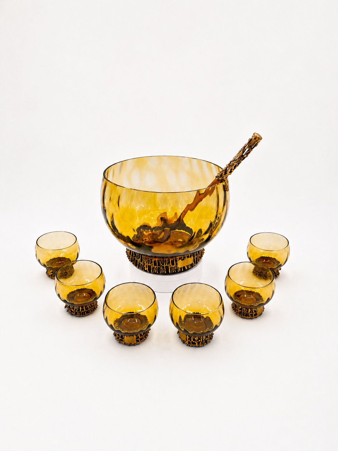 Pentti Sarpaneva Kaarna Vintage Punch Bowl Set – Turun Hopea & Kumela – Amber Glass, Bronze, 8-Piece Finnish Mid Century Modern Barware
