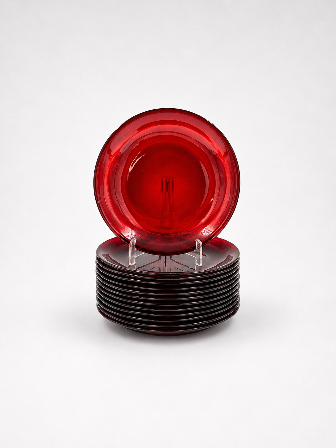 Set of 13 Vintage Arcoroc Ruby Red Dessert Plates | French Red Glass Plates 19 cm | Mid Century Scandinavian Tableware