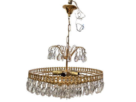 Vintage Brass Lival Crystal Chandelier with Teardrop Crystals