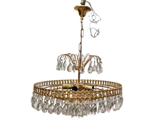 Vintage Brass Lival Crystal Chandelier with Teardrop Crystals