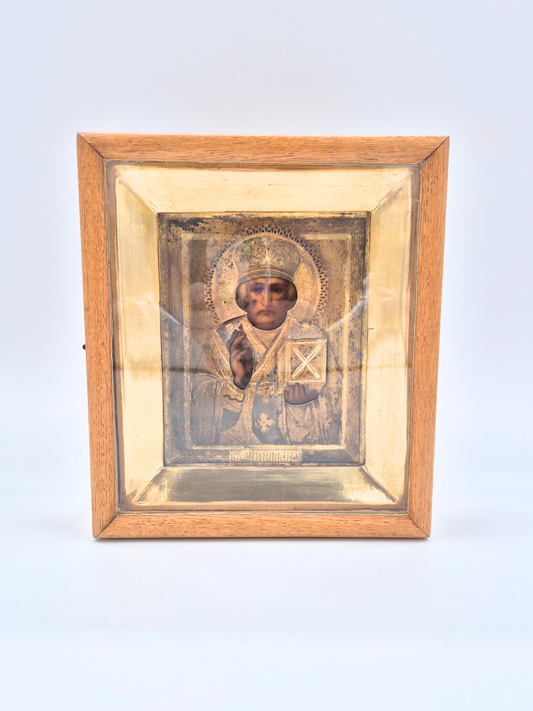 Antique Orthodox Icon – Saint Nicholas – Wooden Travel Case – Late 19th / Early 20th Century