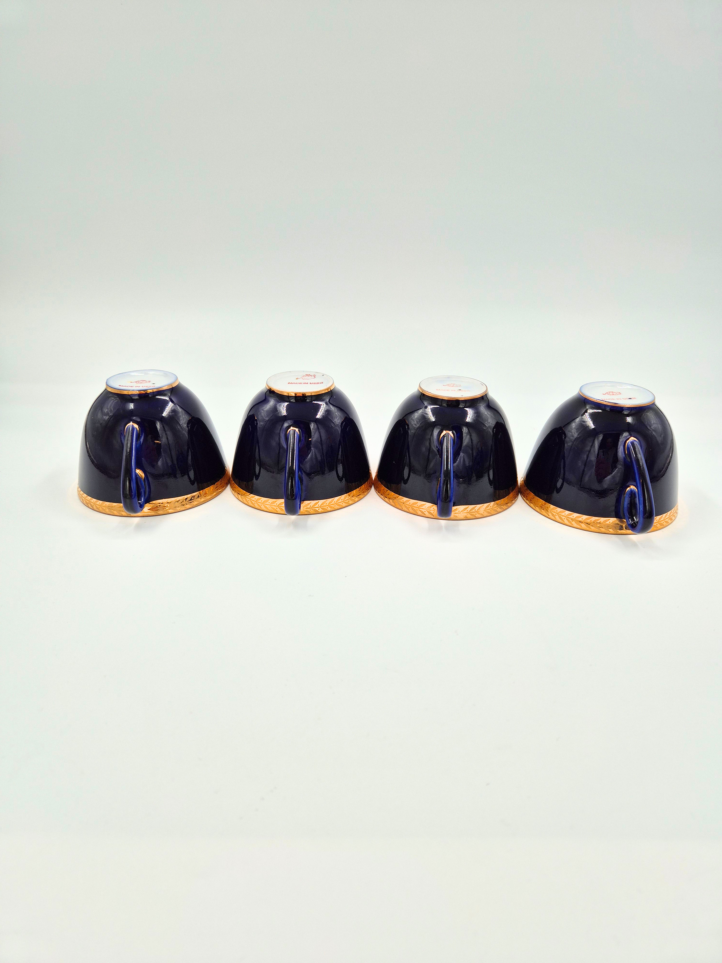Set of 4 Lomonosov Cobalt Blue Cup & Saucer -  Gold Floral USSR Vintage