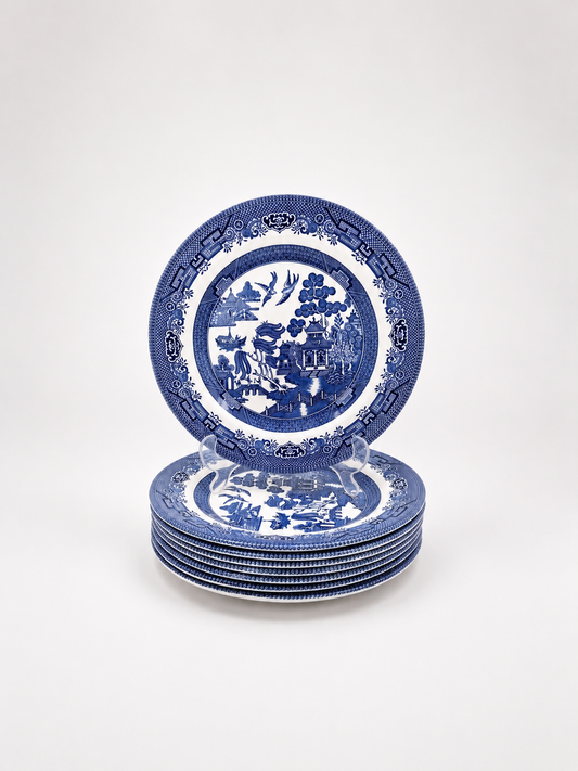 Vintage Blue Willow Dinner Plates by Churchill England, Set of 8
