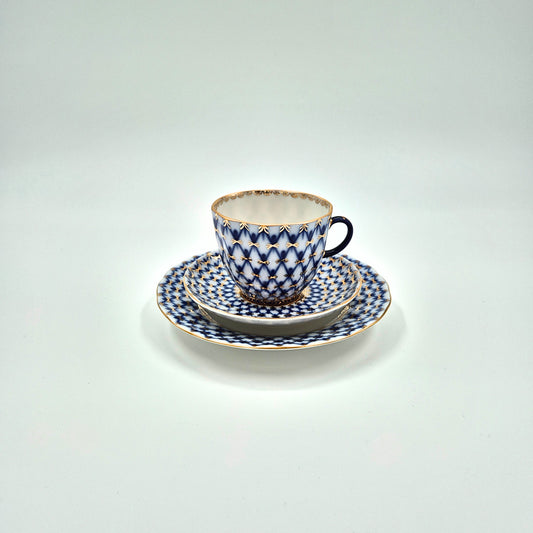 Vintage Lomonosov Cobalt Net Coffee Cup Saucer and Dessert Plate Set