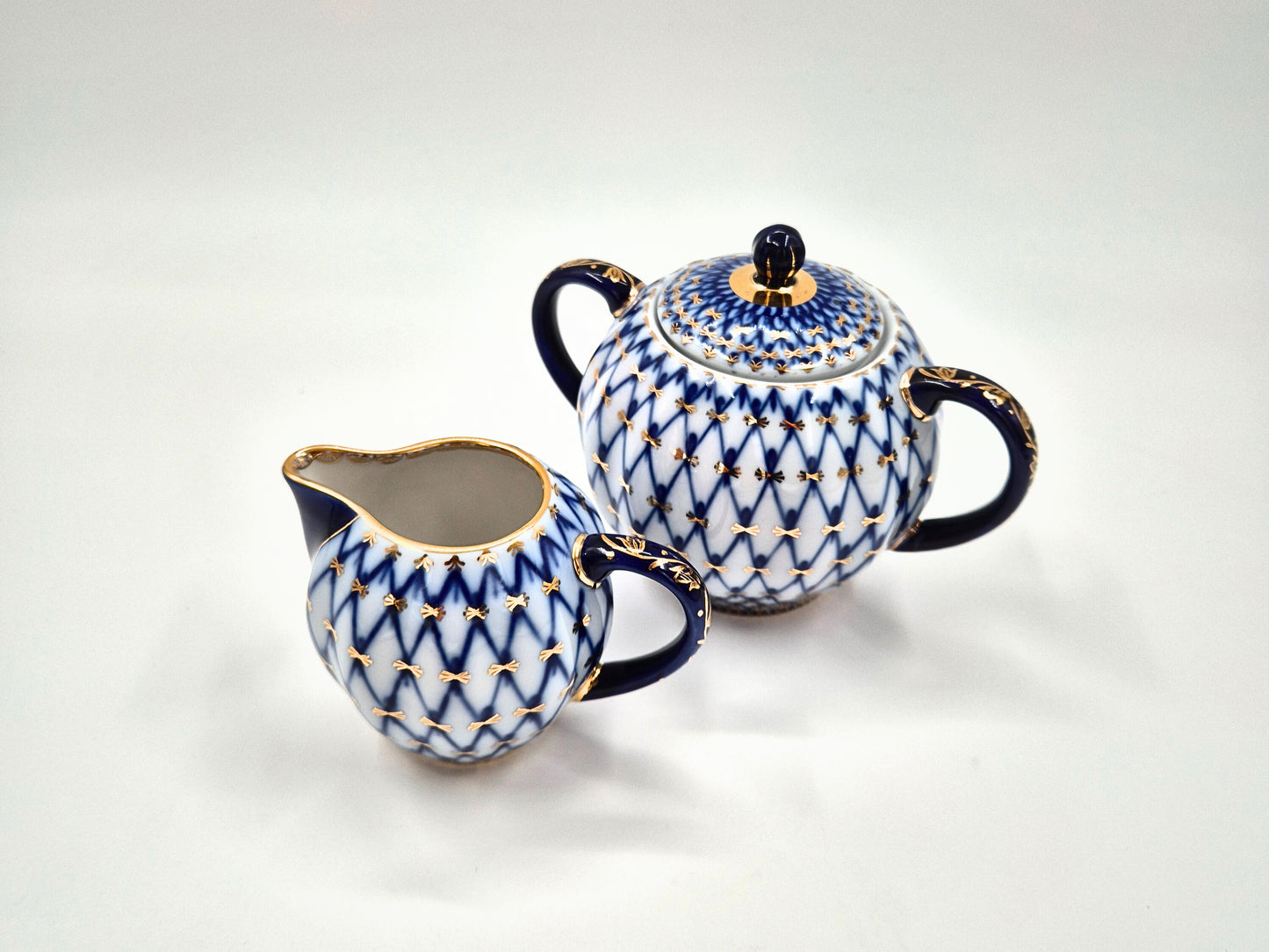 Lomonosov Imperial Porcelain Cobalt Net Sugar Bowl & Creamer