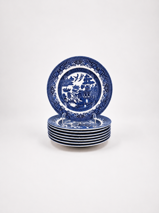 Set of 8 Vintage Churchill England Blue Willow Dessert Plates 17 cm | Blue & White English Transferware