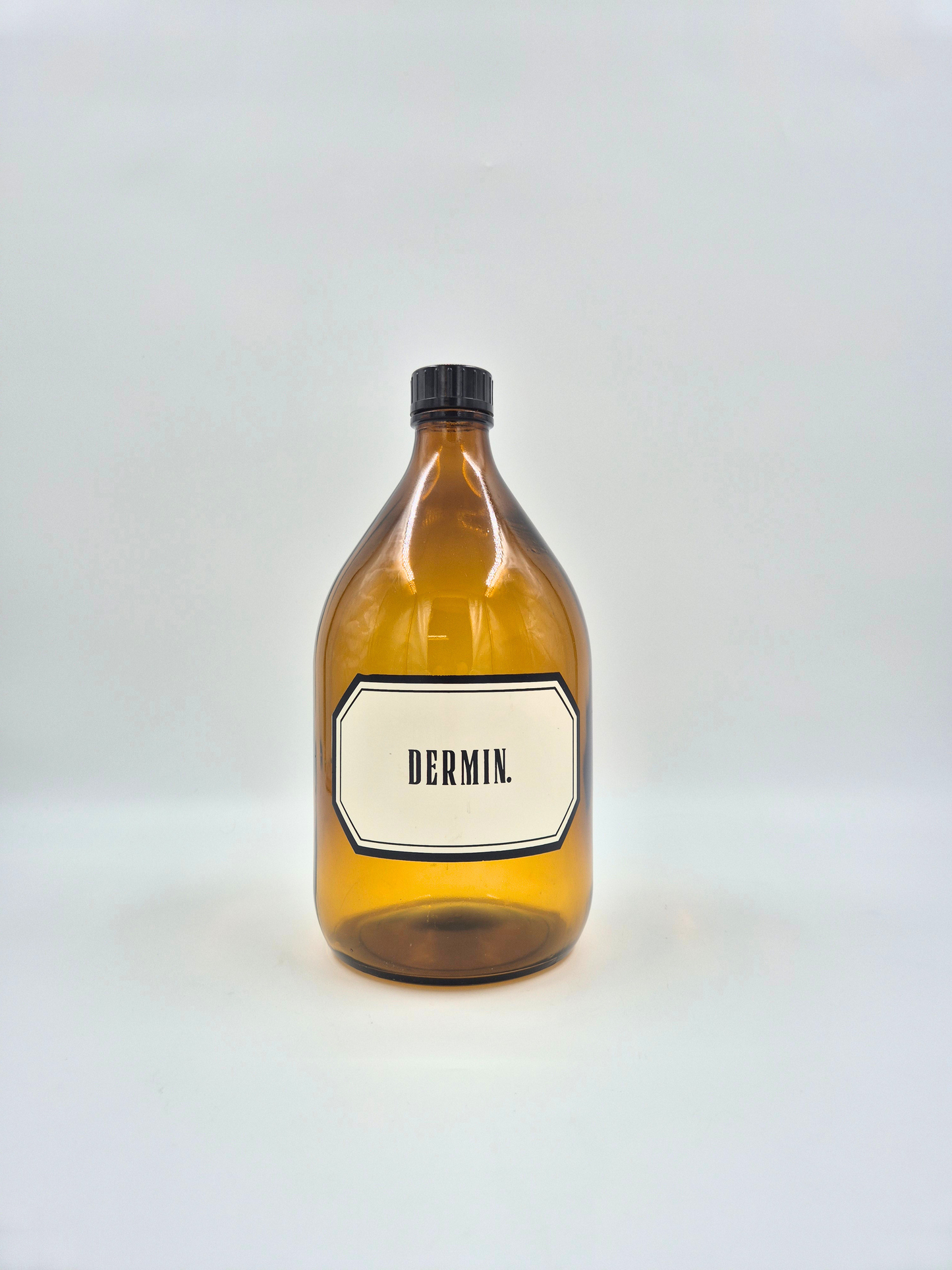 Vintage Apothecary Bottle “DERMIN” – Amber Glass Pharmacy Bottle with Black Cap – 28 cm