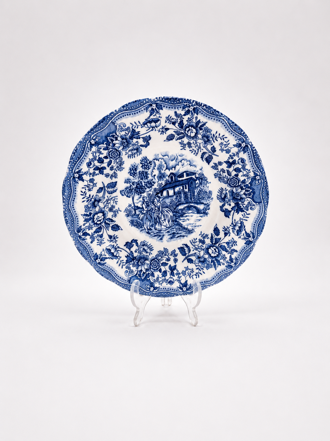 Vintage Italian Ironstone Serving Bowl 25 cm | Blue & White Floral Transferware Bowl