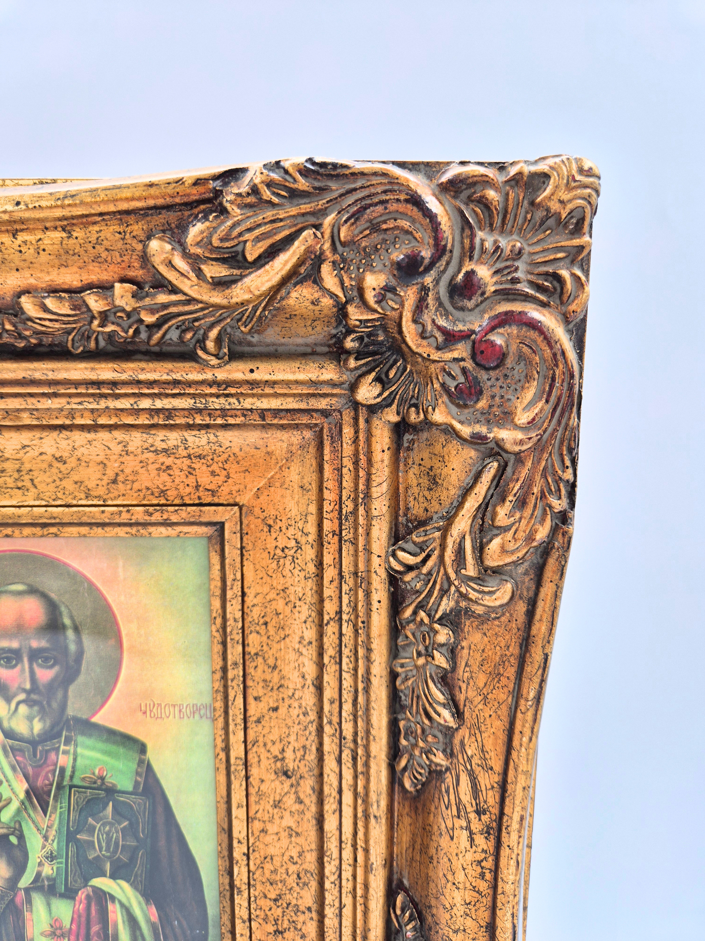 Antique Orthodox Icon – Saint Nicholas – Ornate Gilt Frame – 20th Century – 35.5 x 36 cm