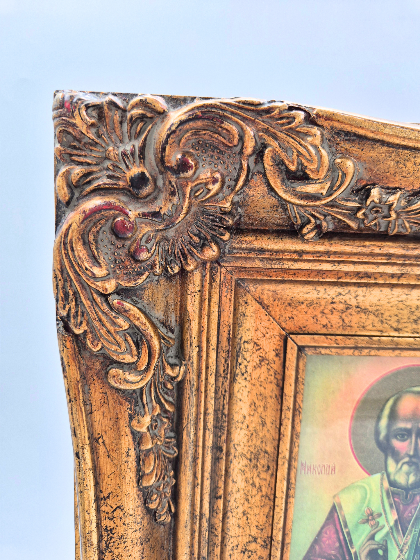 Antique Orthodox Icon – Saint Nicholas – Ornate Gilt Frame – 20th Century – 35.5 x 36 cm