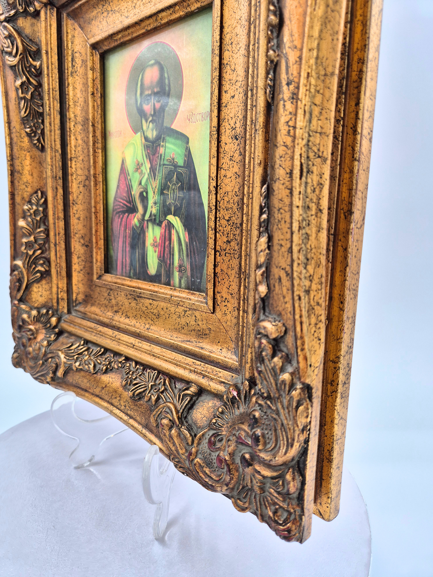 Antique Orthodox Icon – Saint Nicholas – Ornate Gilt Frame – 20th Century – 35.5 x 36 cm